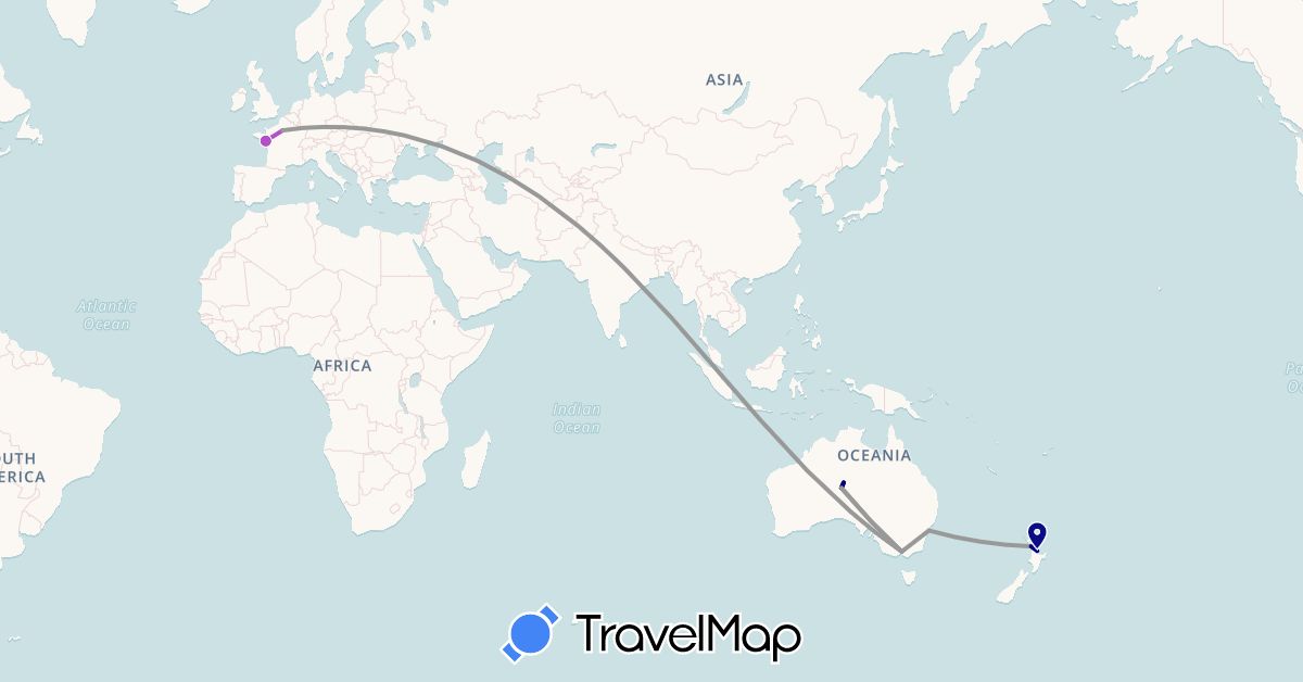 TravelMap itinerary: driving, plane, train in Australia, France, New Zealand (Europe, Oceania)